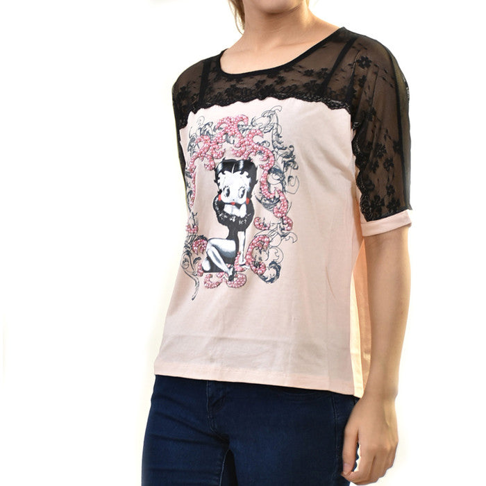 プラムス　PLUMS ベティちゃんプリント　5分袖Tシャツ9BWT037 PNK001 ピンク